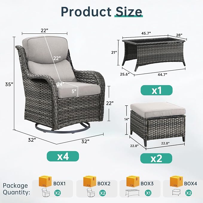 Outdoor Swivel Rocker Patio Chairs Set of 4 with Ottoman Coffee Table - 5" Thick Cushion 7 Piece Furniture Set All Weather Comfortable Wicker Conversation Set for Porch Deck - Gray/Beige