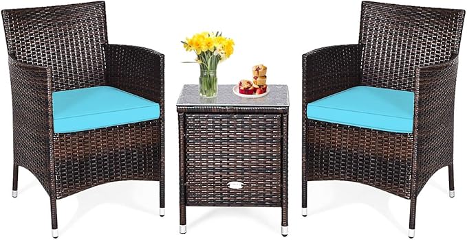 DORTALA 3 Piece PE Rattan Patio Furniture Set, Outdoor Chairs & Table Set with Tempered Glass Top & Cushions, Wicker Conversation Set for Garden Backyard, Turquoise