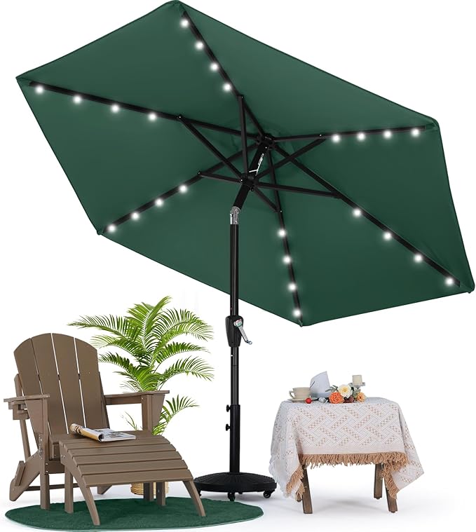 MASTERCANOPY 7.5FT 6Ribs Patio Umbrella with 32 Solar LED Lights, Outdoor Market Umbrella with Tilt & Crank, UV Protection & Fade Resistant Fabric, Easy Set-Up for Garden, Deck, Pool (Forest Green)
