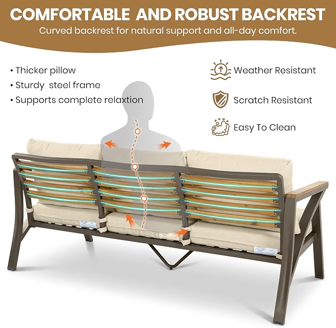 Outdoor Patio Furniture Set, 6-Piece Steel Frame Sofa Set with Acacia Wood Coffee Table, 3-Seat Couch, 2 Armchairs, 2 Ottomans, Cushioned Seating for Backyard, Garden, Poolside (Brown,Cream Beige/51)