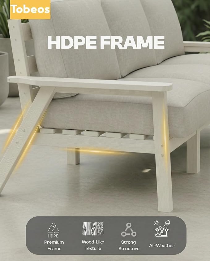 7 Piece HDPE Outdoor Furniture Set with Beige Cushions (White Frame) | All-Weather HDPE, Modular Design, Extra-Deep Seating, Thick Cushions, Ideal for Backyard, Deck & Porch