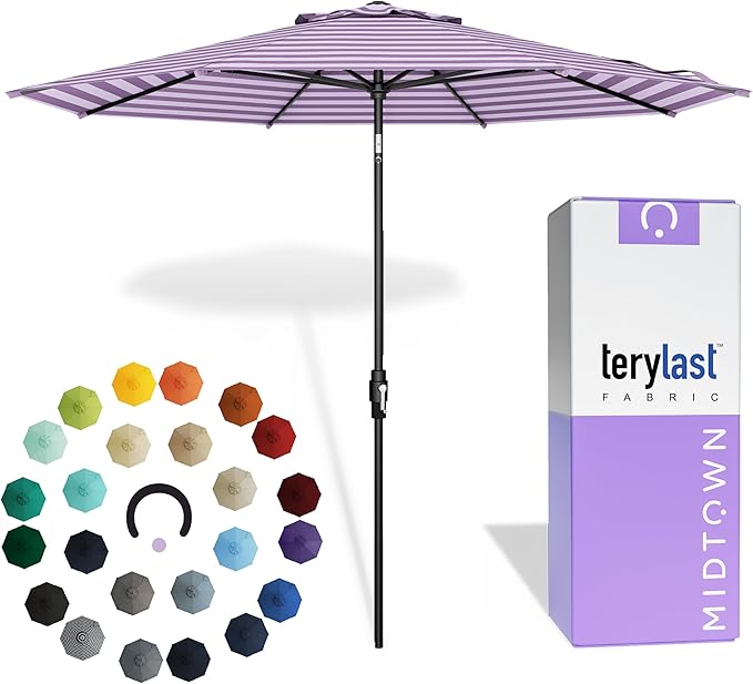 Midtown Umbrellas – The Swilt 8 Ft Patio Umbrellas with 360° Swivel & Tilt Mechanism, Fiberglass Ribs & Terylast Polyester Fabric for Backyard, Deck, Pool & Cafes - Midtown Stripes Canopy, Black Pole