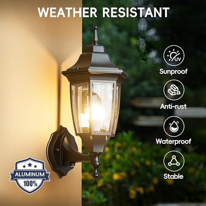EMART Dusk to Dawn Outdoor Porch Light with Bulb, Wall Lamp(2 Pack, Black) | Exterior Anti-Corrosion, Waterproof Aluminum & Glass Shades, Modern Sconce Lantern Fixtures for Outside, House, Garage