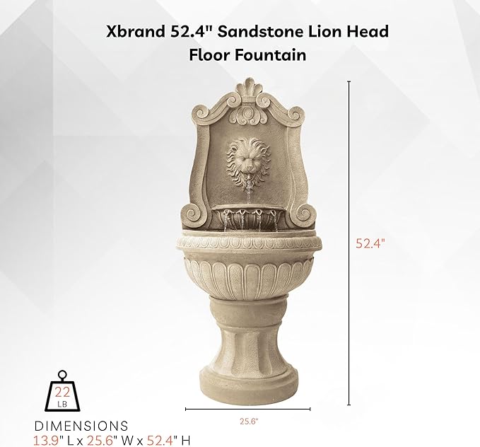 Xbrand 52.4" Sandstone Lion Head Floor Fountain, Two-Tier Outdoor Water Feature, Durable Resin Construction