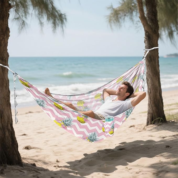 Camping Hammock Outdoor Hammocks for Outside Pineapple Pink Stripe Beach Trees Portable Lightweight with Pockets Tree Straps Indoor Small