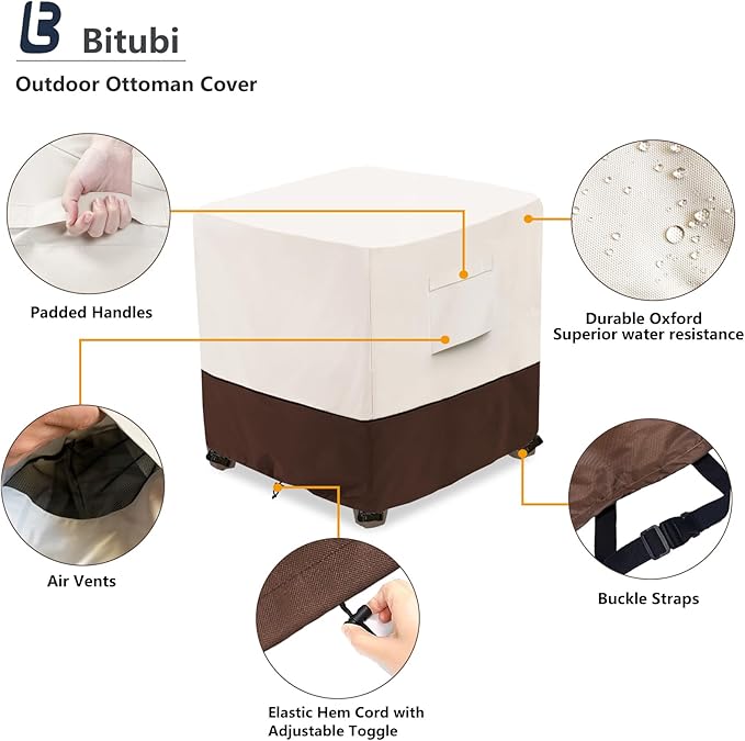 Bitubi Waterproof Patio Ottoman Cover, Heavy Duty Square Outdoor Side Table Furniture Covers Size 25L x 25W x 18H inch (Brown)