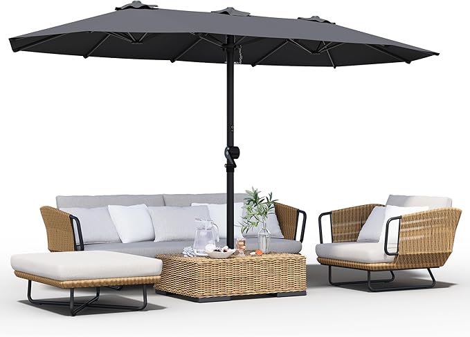 GDPFN 15FT Large Patio Umbrella, Outdoor Deck Standing Umbrella with Crank Handle, Double-Side Rectangular Pool Umbrella for Outside, Market, Patio, Dark Gray (Base Not Include)