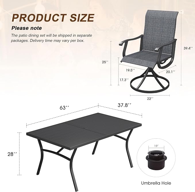 VICLLAX 7 Pieces Patio Outdoor Dining Set, 63" Outdoor Rectangular Metal Table with Umbrella Hole and 6 Stackable Textilene Chairs for Patio, Lawn, Garden, Porch, Black/Dark Grey