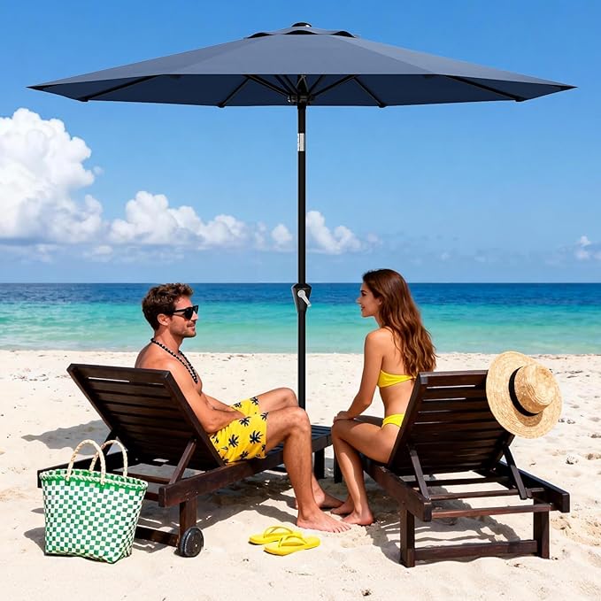 Garvee 9ft Outdoor Patio Umbrella - Market Table Pool Deck Umbrella UPF50+ UV Protection with Push Button Tilt, Crank and 8 Sturdy Ribs (Navy Blue)