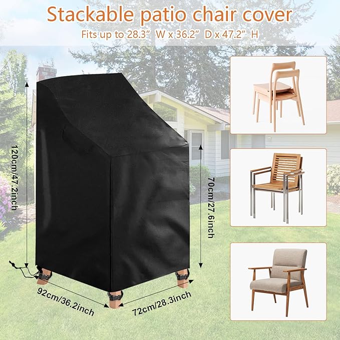 Outdoor Stackable Patio Chair Covers with 4 buckles and 1 drawstring, Waterproof Outdoor Chair Cover, Stacking Chair Covers Garden Chairs Cover Fit for Stackable Dining Chairs(Black, 2PCS)