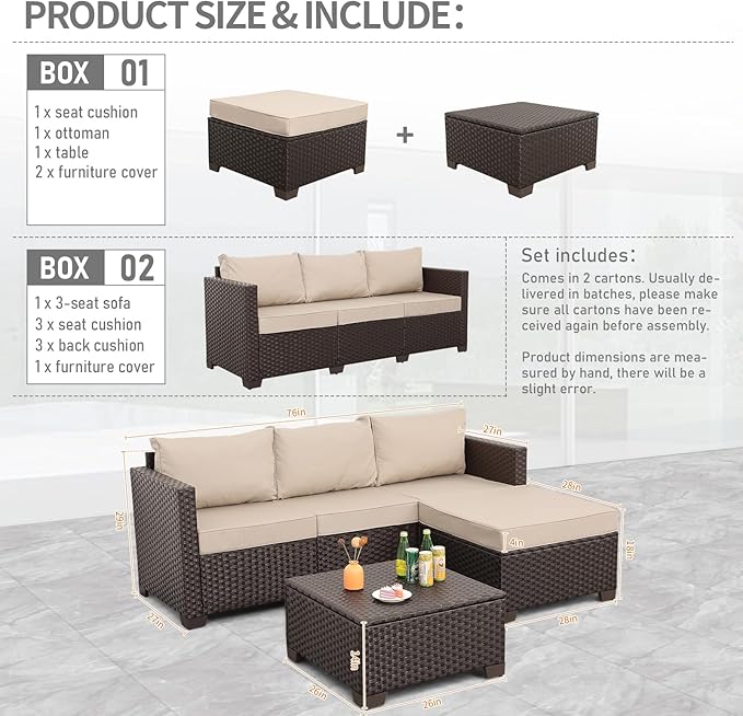 Patio Furniture Set 3 Piece Outdoor Sectional Sofa Set with Wicker Couch, Ottoman, Patio Table with Storage All-Weather Non-Slip Cushions and Waterproof Covers, Khaki