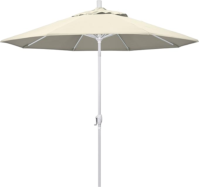 California Umbrella 9' Round Aluminum Market Umbrella, Crank Lift, Push Button Tilt, White Pole, Antique Beige Olefin