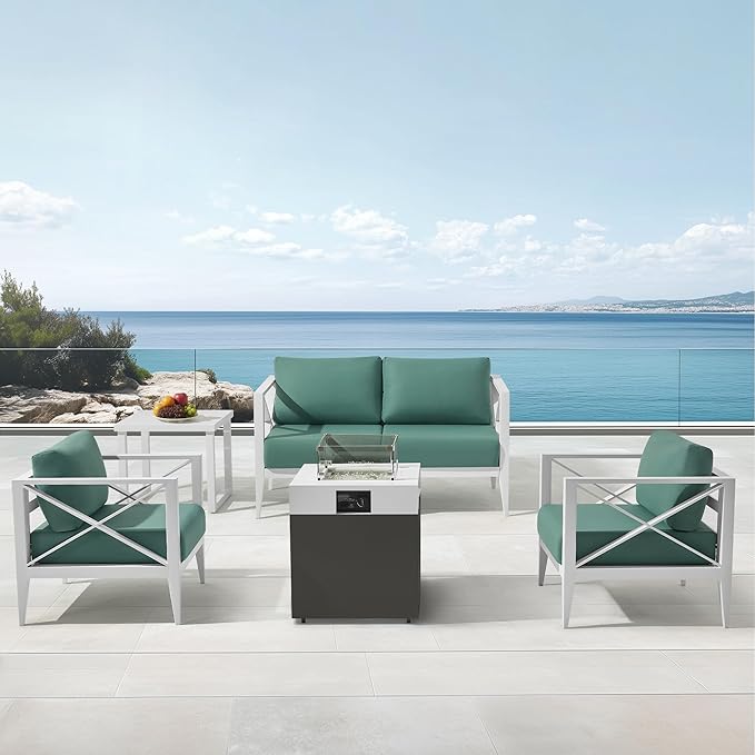 MBY Outdoor Aluminum Patio Furniture Set, 4-Seats Patio Conversation Sofa Set with 37,000 BTU Fire Pit Table w/Glass Wind Guard, All Weather for Pool, Garden-White