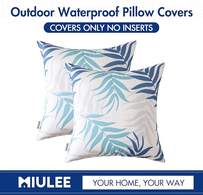 MIULEE Pack of 2 Decorative Outdoor Waterproof Throw Pillow Covers Patio Pillow Cases Natural Leaves Pattern Spring Square Cushion Shams Shell for Garden Balcony Couch 18x18 Inch, Blue