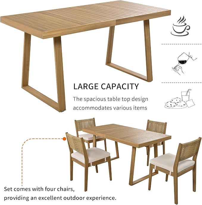 VilroCaz 5 Pieces Patio Dining Set, Acacia Wood Dining Table and Chair Set, All-Weather Outdoor Conversation Set Gathering Set with Thick Cushions for Garden Backyard Balcony (Beige+Acacia5)