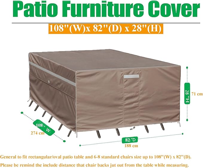 Heavy Duty Waterproof Patio Furniture Covers UV Resistant Rectangular Outdoor Table and Chair Covers 110" Wx 83" D x 28" H Brown