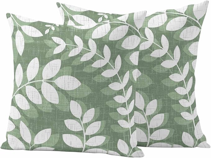 Green Leaves Outdoor Waterproof Throw Pillow Covers 24x24 Set of 2, Farmhouse Botanical Branch Vintage Boho Leaf Decorative Pillowcases Cushion Pillowcase for Couch Sofa Patio Outside Pillow Protector