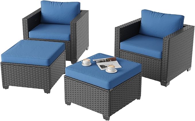 Aoxun 4 Piece Patio Furniture Set with Ottomans, Wicker Outdoor Furniture Conversation Set with 4" Thick Cushions for Deck Yard and Poolside Navy Blue