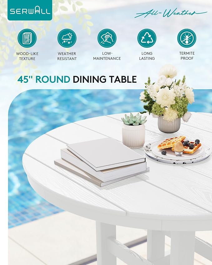 SERWALL 5-Piece Patio Dining Sets, HDPE Outdoor Table and Chairs Furniture Set, 45" Round Dining Table and 4 Dining Chairs, White