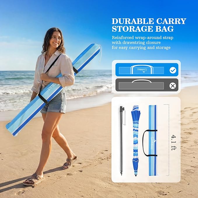 UIRWAY Beach Umbrella, Heavy Duty Windproof Beach Umbrellas with Sand Anchor & Tilt, Sun Protection Portable Beach Umbrella with Carrying Bag for Beach, Patio Garden Pool Outdoor