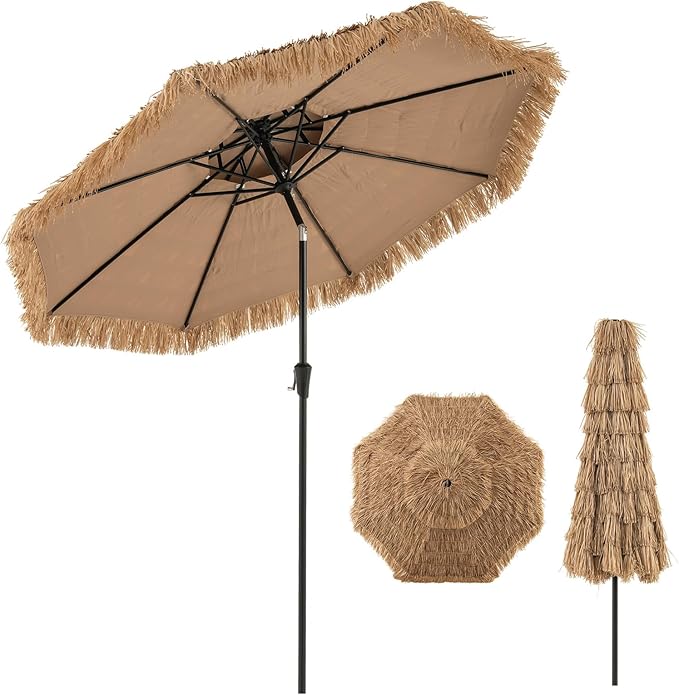 HAPPYGRILL 7.2FT Hula Thatched Tiki Umbrella w/Tilt, Hawaiian Style Beach Umbrella Patio Table Market Umbrella, Sun-Protective Portable Tropical Palapa for Outdoor Tiki Bar Garden Beach Pool Backyard (8.8 FT)
