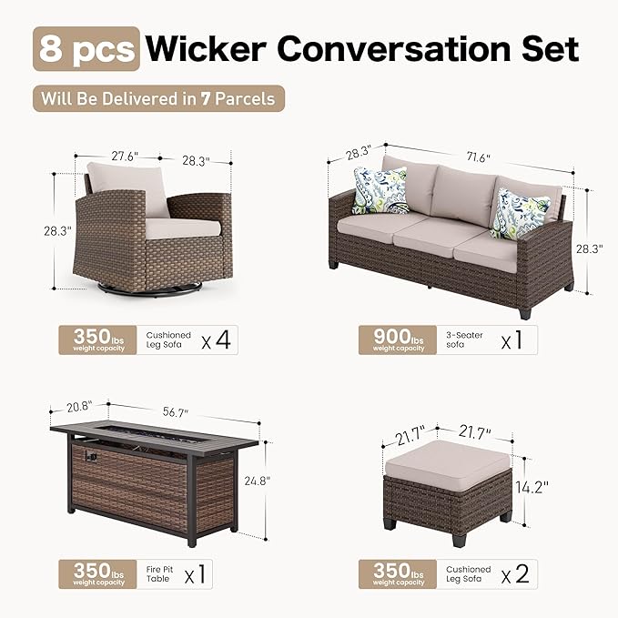 Swivel Glider Patio Furniture Set Outdoor Furniture Brown Wicker Rattan Patio Conversation Sets with Cushion Outside Sofa Set,7 Pieces with Rectangular Firepit Table,9 Seats,Beige