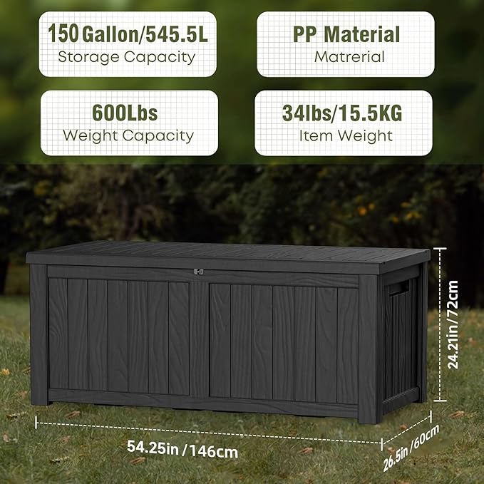 150 Gallon Outdoor Storage Box Waterproof Outside Resin Deck Box, Lockable Storage Bin for Patio Furniture,Garden Tools,Cushions,Pool Accessories(Black)