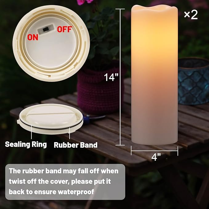 Eldnacele Large Outdoor Solar Flameless Candles Waterproof, 4" x 14", Solar Powered Dusk to Dawn Plastic LED Flickering Pillar Candles for Garden Patio Lanterns Wedding Holiday Decor(2 Pack White)