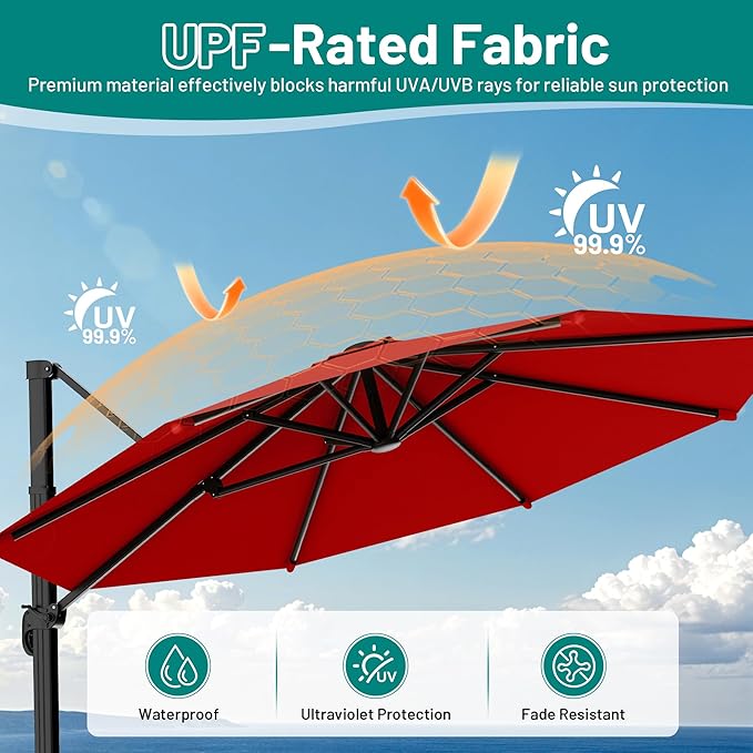 AreShark 10FT Round Cantilever Patio Umbrella with Base Included, 360° Rotation Offset Outdoor Umbrella, 5 Tilt Settings Heavy Duty Hanging Parasol for Deck Garden Pool, Red