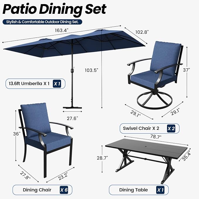 10 Piece Outdoor Dining Set for 8, Patio Table and Chairs Set with Umbrella & Cushions, Patio Furniture Set with 2 Swivel Chairs, Metal Dining Table with Umbrella Hole for Lawn Garden Yard-Navy