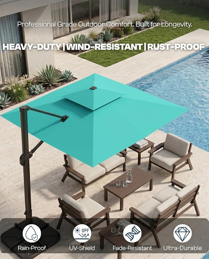 10'×10' Patio Umbrella, Double Top Aluminum Cantilever Umbrella with 360°Rotation, Offset Patio Umbrella with Easy Tilt for Pool Deck Garden Backyard, Turquoise (Base not Included)