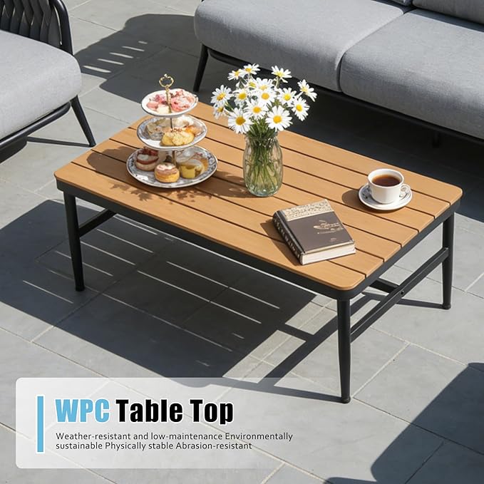 Outdoor Patio Furniture Set, 4/5 Seater Conversation Sofa Set with WPC Coffee Table, Powder-Coated Steel Frame, 6-Inch Thick Polyester Cushions for Garden, Balcony & Backyard (4 Seats)