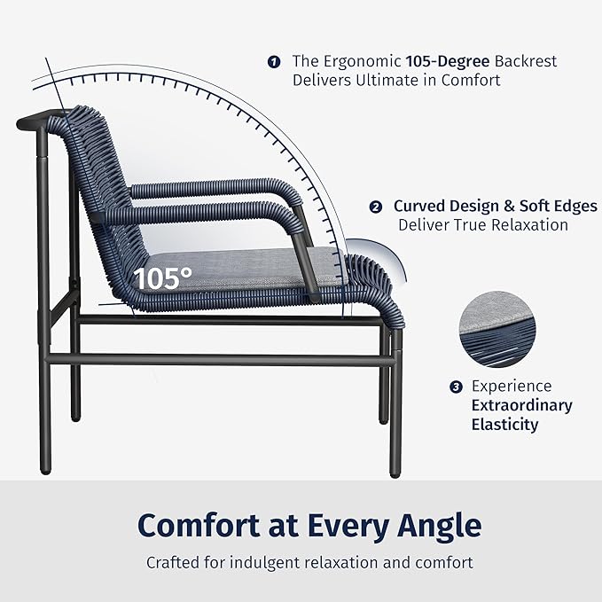 East Oak 3-Piece Patio Furniture Set, Outdoor Bistro Set with PE Rattan Wicker Wide Chairs, Soft Cushions & Coffee Table, Modern All-Weather Wicker Patio Set for Garden and Porch, Navy Blue