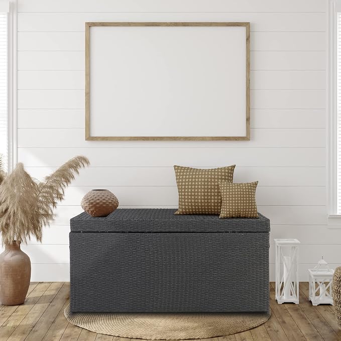 Outdoor Wicker Patio Deck Storage Box, 132-Gal Rattan Pool Storage Box with Lid, Garden Deck Bin Storage Bench Deck Box for Storing Tools, Accessories and Toys (132 Gallon, Black)