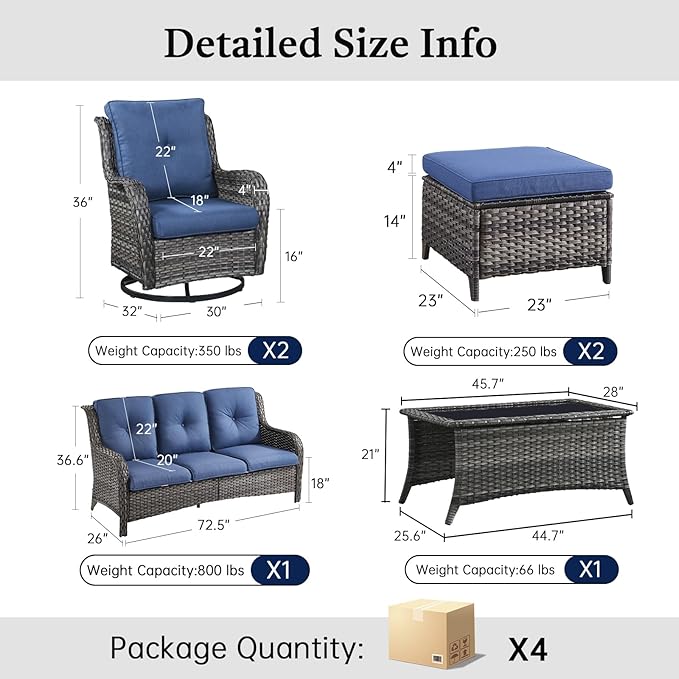 6 Piece High Back Patio Furniture Set - All Weather Patio Conversation Set with 4 Inch Thick Cushions and Deep Seating Swivel Glider Chairs & Outdoor Couch for Porch Deck Yard Pool