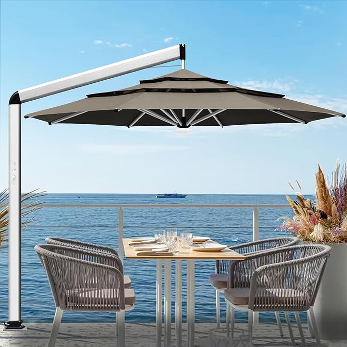 EliteShade USA Atlas 3-Tier 11FT Full Aluminum Cantilever Patio Umbrella for Outdoor Restaurant Garden Courtyard Deck Pool and Marketing with Light (No battery), Taupe