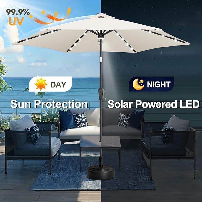 FLAME&SHADE 10ft Solar Outdoor Umbrella - 24 LED Lighted Patio Umbrella with Centre Surround Light, Table Umbrellas with Tilt & Crank for Pool, Porch, Garden, Deck, Backyard UV Protection (Ivory)