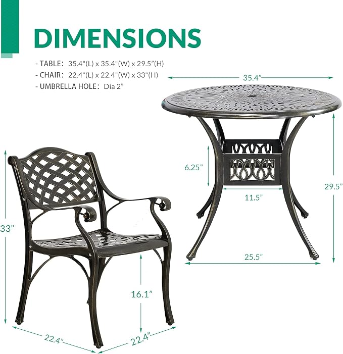 VIVIJASON 3-Piece Patio Furniture Dining Set, All-Weather Cast Aluminum Outdoor Bistro Set, Include 2 Chairs and 35.4" Round Table w/Umbrella Hole for Balcony, Lawn, Garden, Backyard