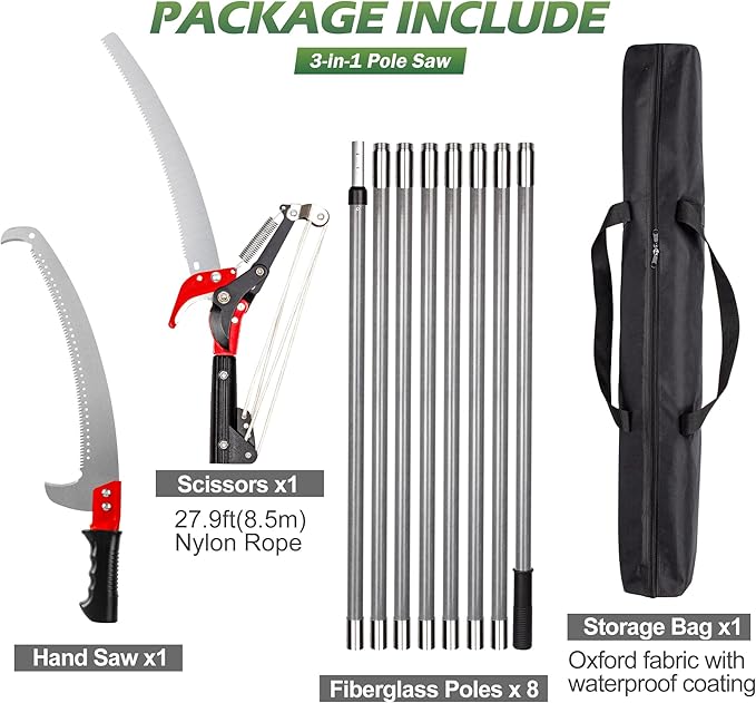 Walensee Pole Saw for Tree Trimming, 7.2-27 FT Manual Tree Pruner with 8 Sectional Fiberglass Poles, Saw Blade & Pruning Scissor Head, Adjustable Branch Cutter for Yard Garden with Storage Bag