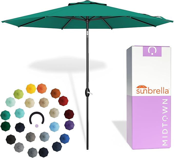 Midtown Umbrellas - The Lean 8 Ft Patio Umbrella with Fade-Resistant Sunbrella Fabric, Auto-Tilt Aluminum Frame and 8 Reinforced Ribs for Deck, Pool & Garden - Canvas Teal Canopy, Black Pole