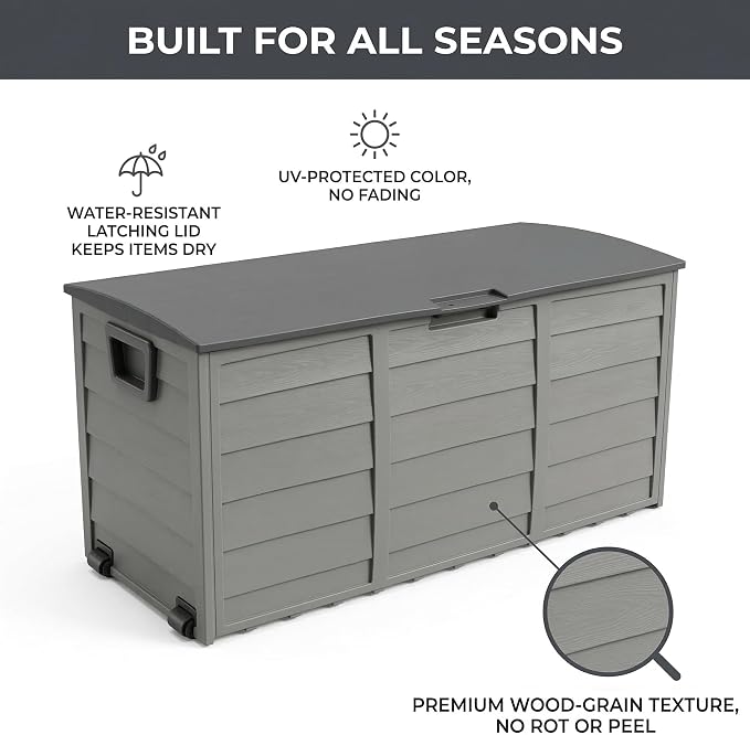 75 Gallon Outdoor Storage Box, 260L Waterproof Resin Deck Box for Patio Furniture Cushions, Garden Tools and Yard Accessories, Lockable Storage Chest with Wheels and Handles (Black+Brown)