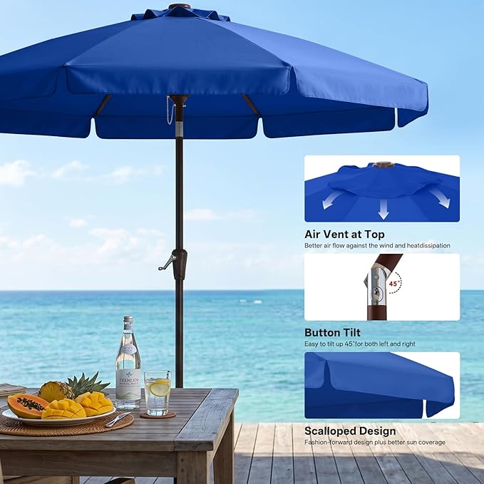 ABCCANOPY 9ft Scalloped Patio Umbrella, Outdoor Table Umbrella with Tilt and Crank, Fiberglass Ribs Deck Umbrella for Patio, Pool, Garden, Picnic (Blue)