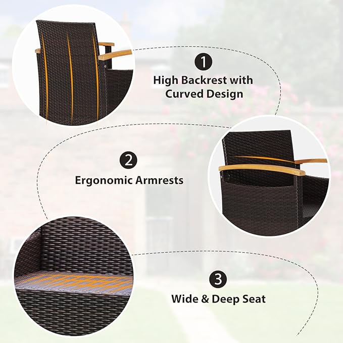 KOTEK 3-Piece Patio Furniture, Outdoor Conversation Set with Removable Cushions, Acacia Wood Tabletop and Armrests, PE Rattan Wicker Bistro Set for Porch, Balcony, Backyard (Beige)