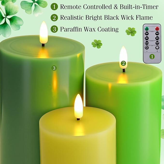 6 Pcs St Patrick s Day Flameless Candles LED Flameless Pillar Candles Wax LED Fake Candle with Remote and Timer Flickering H 4 5 6 for Wedding Party Holiday Party Decor