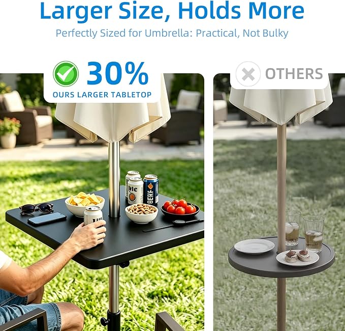 Outdoor Umbrella Table Tray with Hooks, 16.54" Square Black ABS Plastic, Adjustable, Fits 1.5" Umbrella Pole for Beach, Backyard, Poolside, Garden, Patio