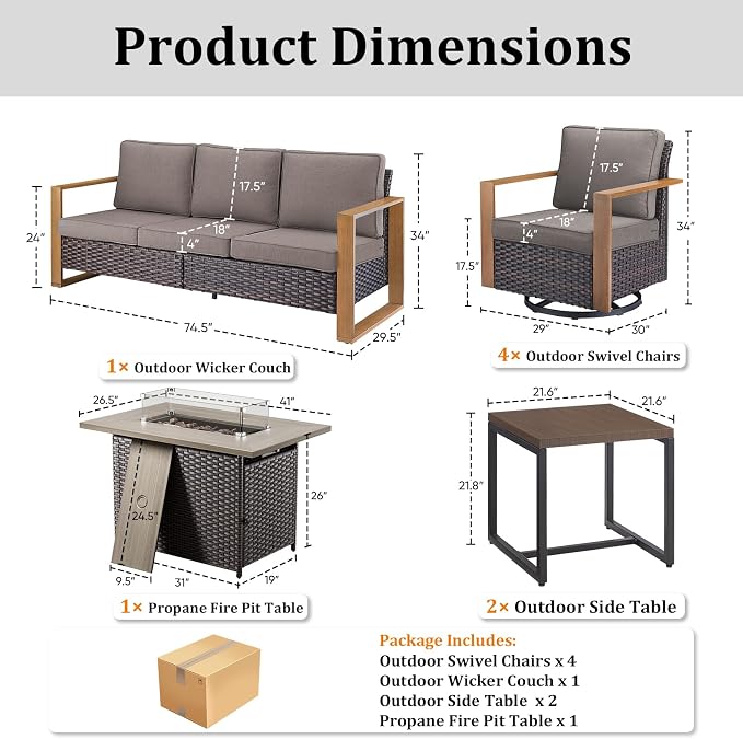 Patio Furniture Set with Fire Pit Table, 8-Piece Outdoor Wicker Sofa and 4 Swivel Chairs, All-Weather Conversation Set for Backyard, Deck and Poolside Grey