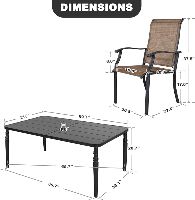 NUU GARDEN Outdoor 7-Piece Dining Set with Powder-Coated Metal Frame, Patio Metal Dining Set with 6 Textilene Chairs, Table with Umbrella Hole, for Patio, Lawn, Garden, Porch, Black and Brown