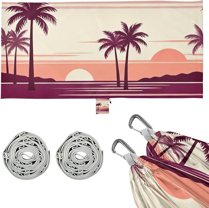 Sunset Palm Scene Outdoor Hammock with Tree Straps for Outside Patio Garden