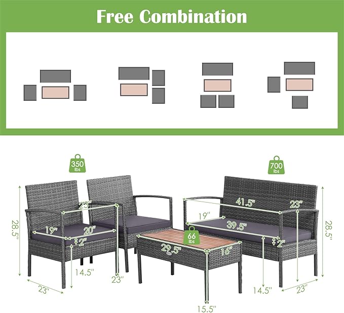 Tangkula 4 Pieces Rattan Patio Conversation Set, Patiojoy Outdoor Wicker Sofa with Seat Cushions, Heavy-Duty Steel Frame, Acacia Wood Tabletop, Outdoor Furniture for Poolside, Deck, Garden