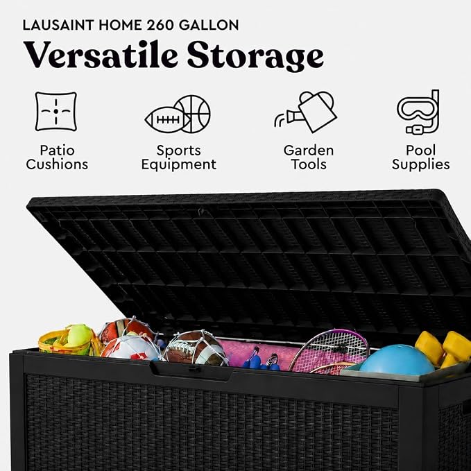 LAUSAINT HOME 260 Gallon XXXL Outdoor Deck Box, Waterproof Resin Storage Box Bench with Lock, Large Patio Cushion Storage, Garden Tool Organizer, Pool Storage Container, 3-Person Seat, Black